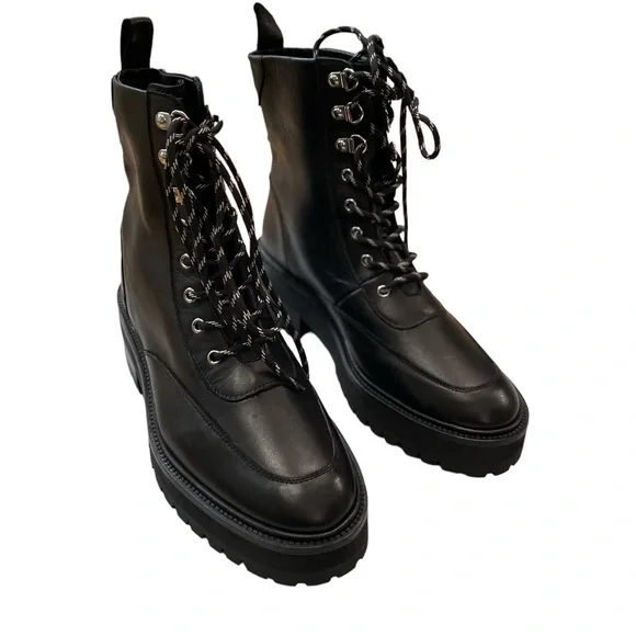 NWT The Kooples High Top Black Leather Biker Combat Boots In Ranger Style Size 8 - Picture 6 of 16